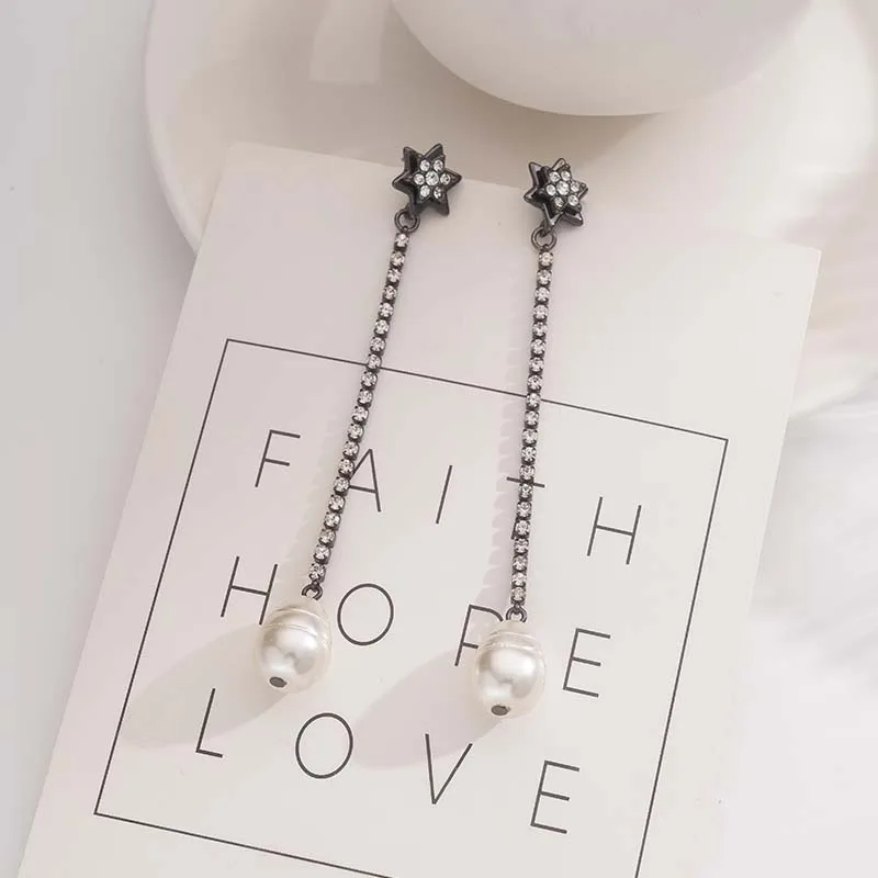 

Mangxing Long Chain Inlaid With Zircon Pearl Pendant Earrings Fashionable Versatile Sweet Tassels Elegant Minimalist Temperament