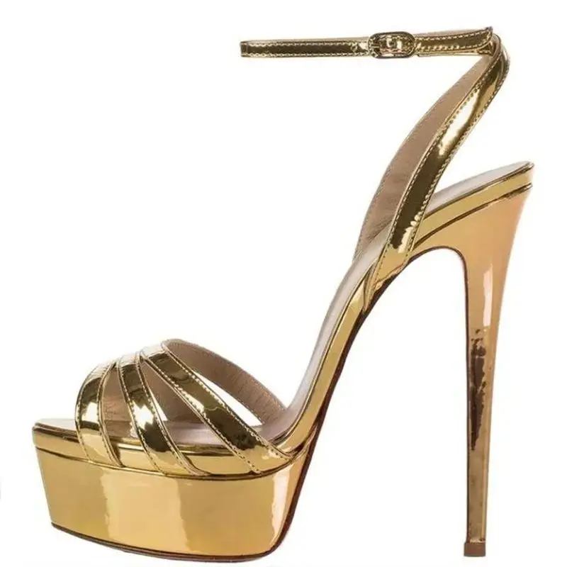 

Sexy Strappy Sandals Gold Metallic Leather Open Toe High Platform Buckle Strap Summer Dress Shoes Formal Female Banquet Footwear