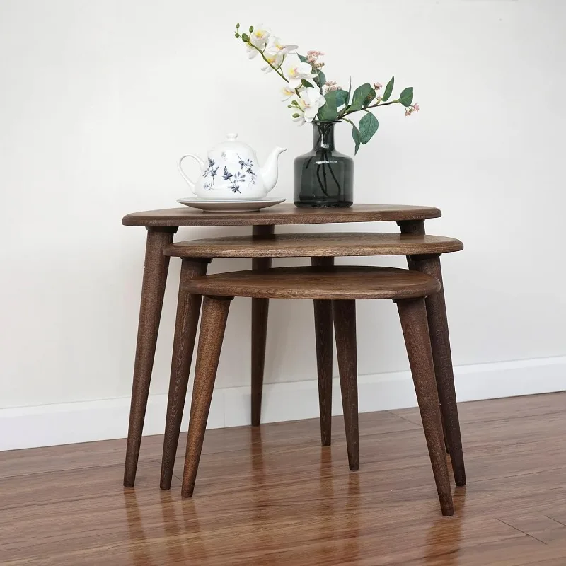 Ensemble de 3 tables gigognes en chêne massif, tables en galets du milieu du siècle, pieds coniques, meubles de maison en bois de style rétro