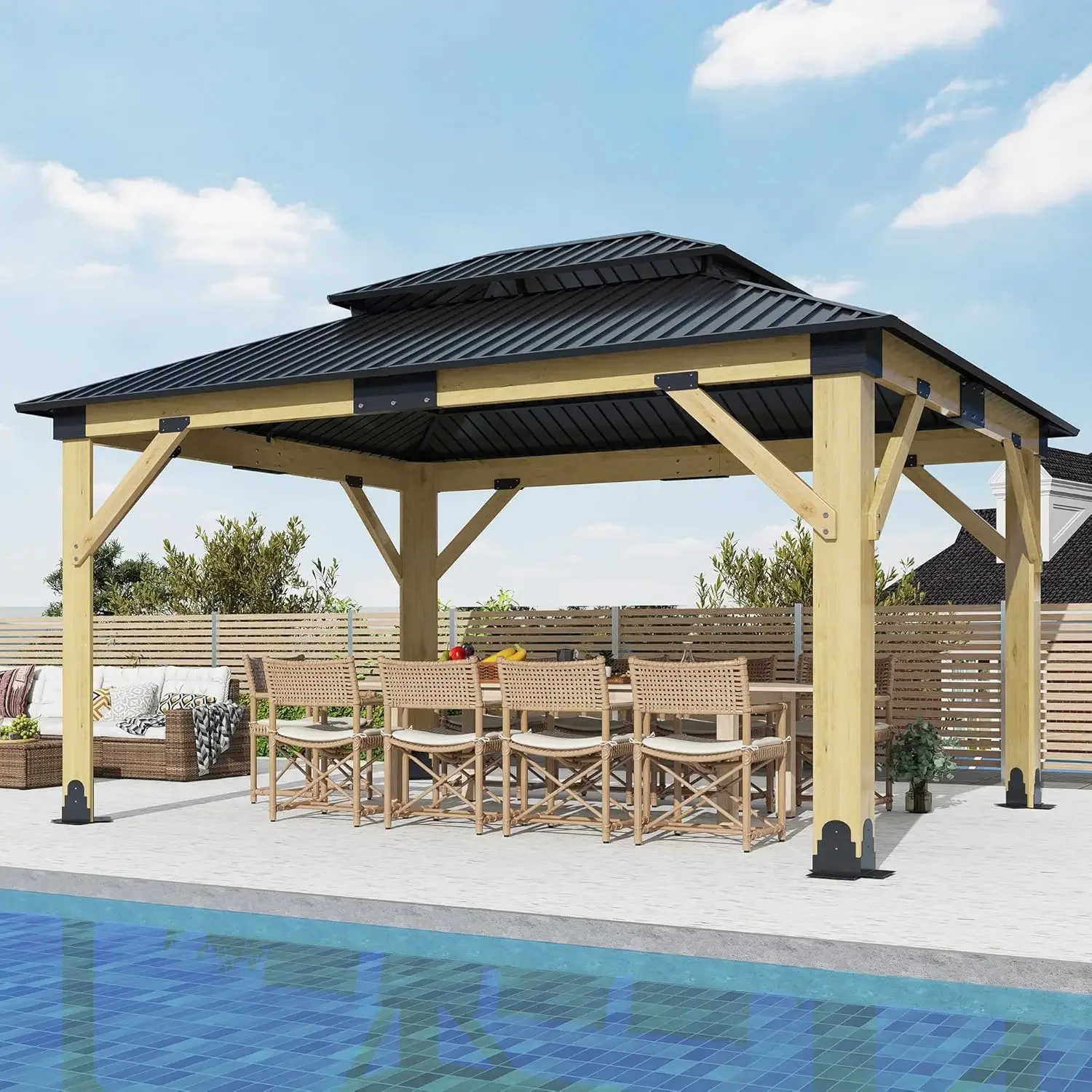 

Outdoor Wooden Gazebo, Patio Galvanized Steel Gazebos with Double Vented Roof, Heavy-Duty Cedar Wood for Garden Use Solution