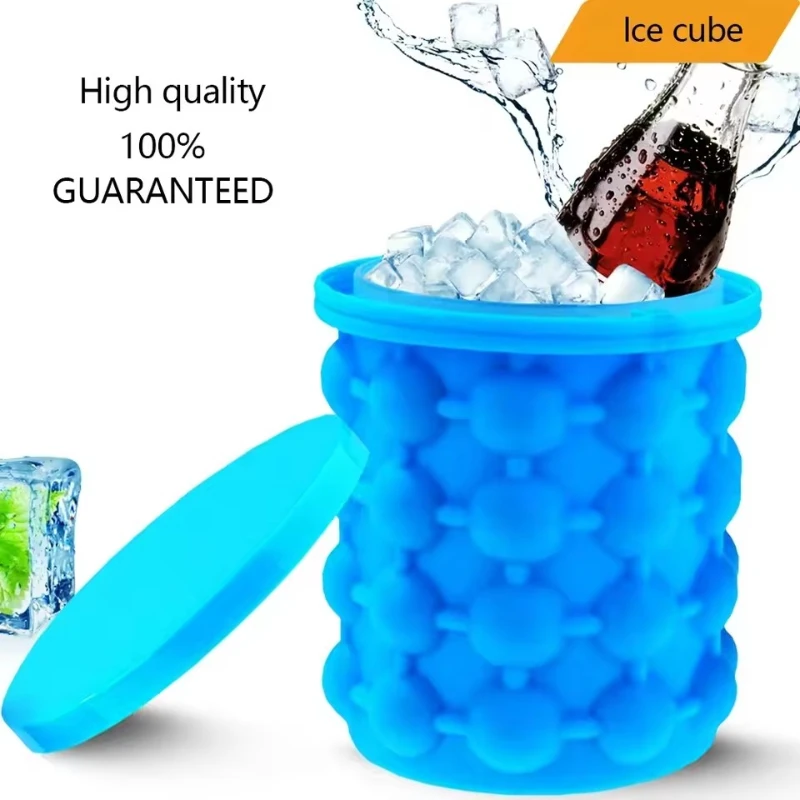 2 In 1 Silicone Ice Cube Maker Blue Round Bucket Freeze Tray Portable Cooler Beer Drinking Whiskey Cabinet Kitchen Bar Tools