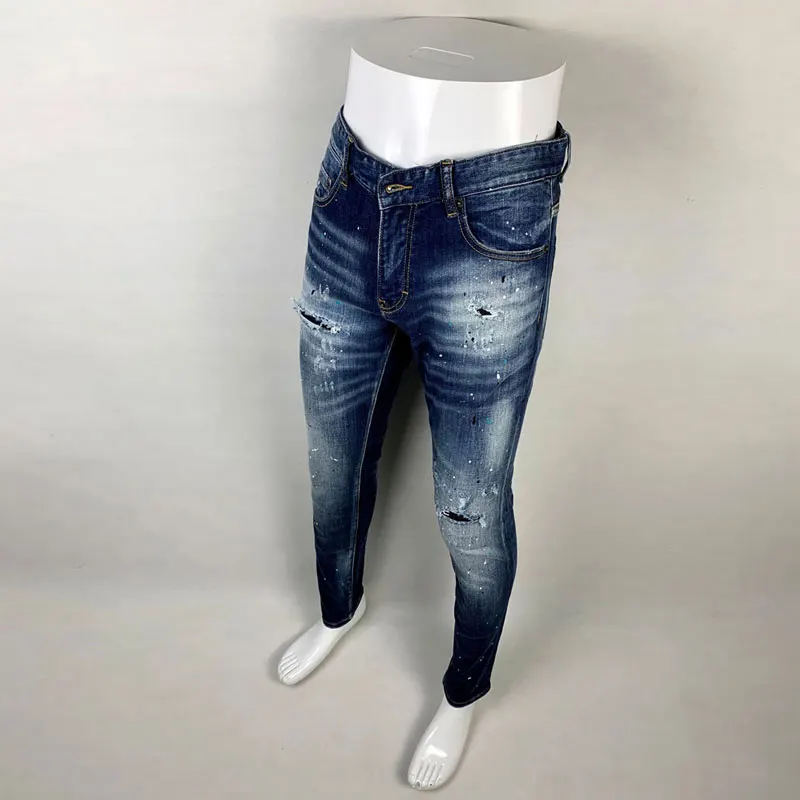High Street Fashion Men Jeans Retro Blue Elastic Slim Fit Painted Ripped Jeans Men Vintage Designer Hip Hop Brand Pants Hombre