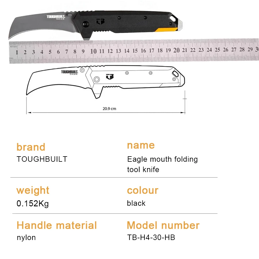 TOUGHBUILT TB-H4-30-HB Hawkbill Folding Knife 3.25-in Stainless Steel Pocket Knife Multifunction Portable Outdoor Knife