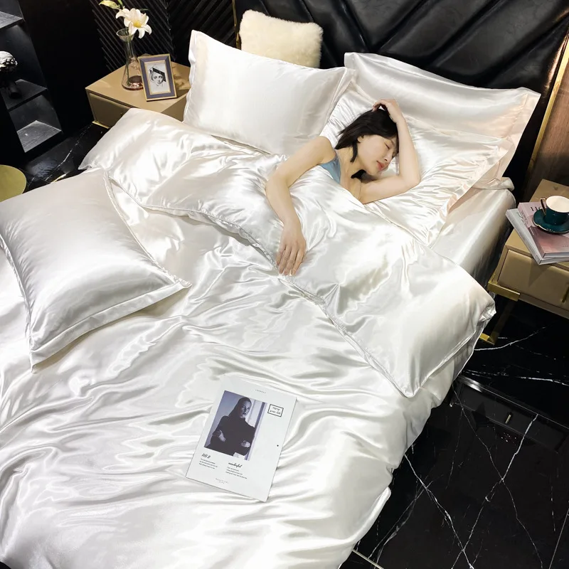

Luxury Silk Bedding Set Satin Quilt Cover Euro Double Bed Sheet Summer Aesthetic Comforter Bed Linen Full Set Smooth Texture