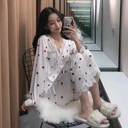 Cute Women's Pajamas Heart Print Sweet Sleepwear Ladies Homewear Spring Korean Fashion Lace Pijama Long Sleeve Thin Nightwear