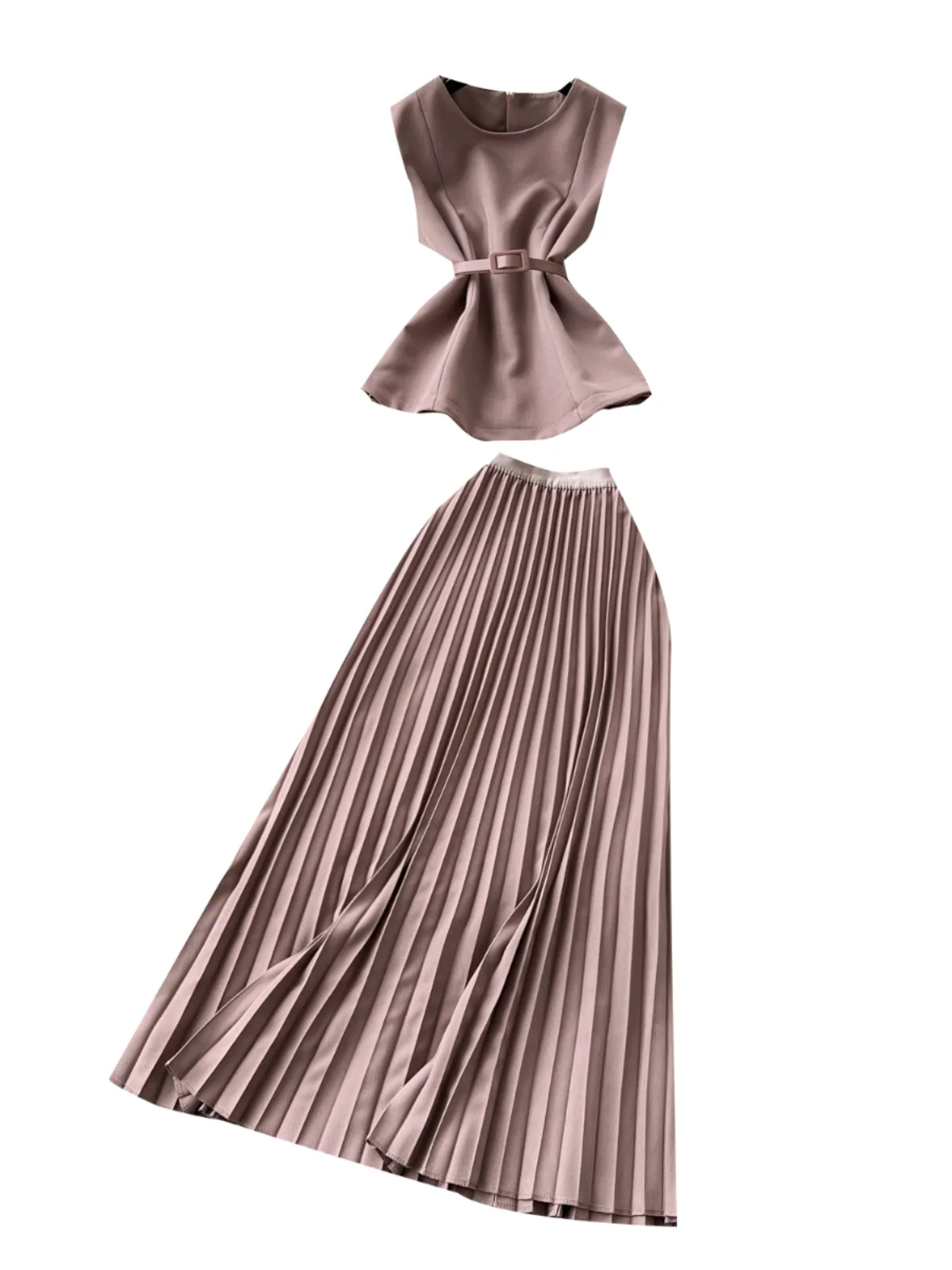 

Summer Faion Set Women's Svel round Ne Waist-Cinching High Waist Pleated Skirt And Top Ensemble Lightweight