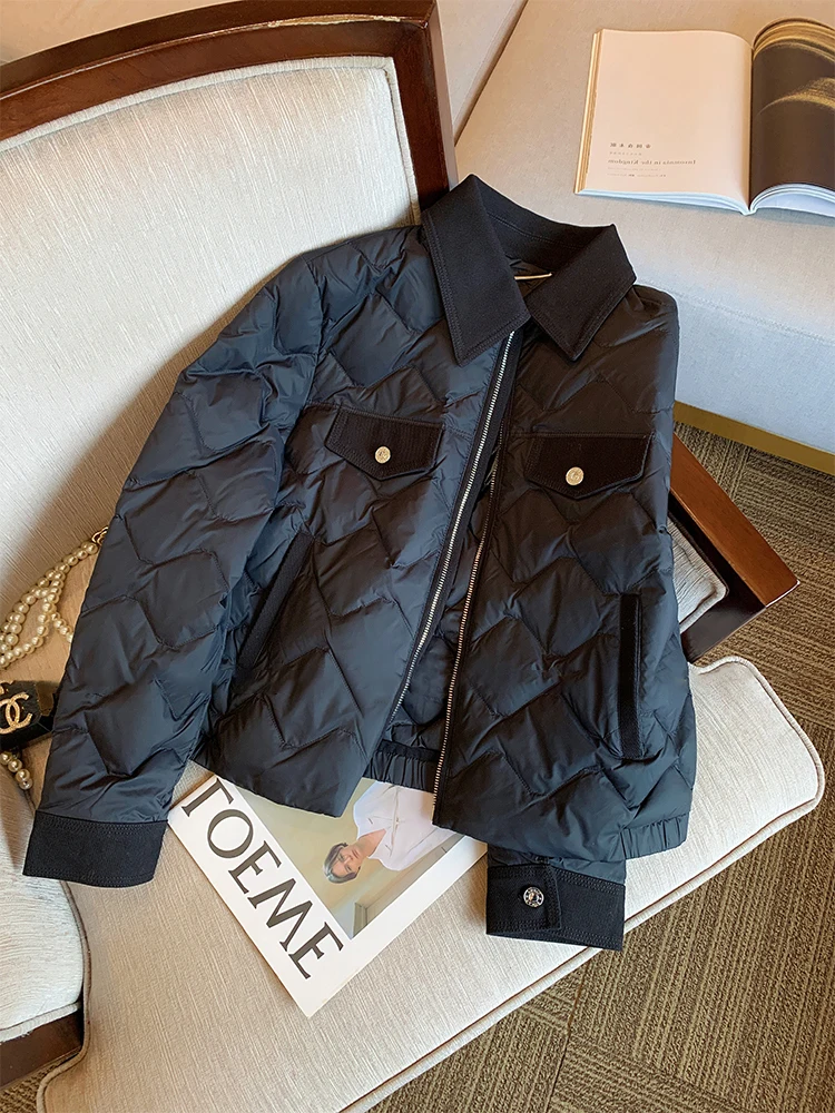 

Элегантная черная хлопковая куртка с ретро-воротником и ромбовидным узором, свободного кроя, стройнящая, осенне-зимняя, женская модная верхняя одежда