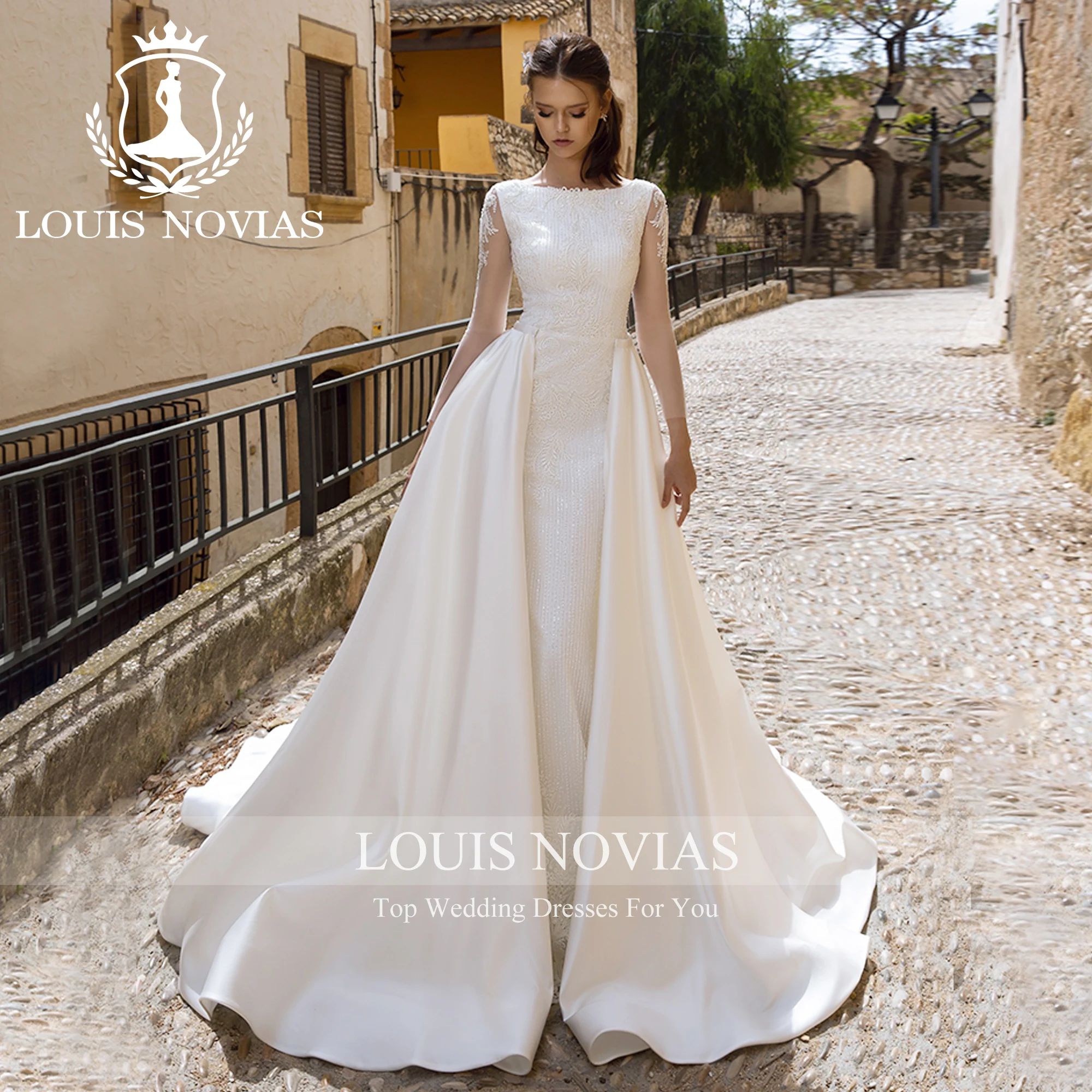 LOUIS NOVIAS Long Sleeve Mermaid Wedding Dress 2023 2 IN 1 Embroidery Backless Detachable Train Wedding Gown Vestidos De Novia