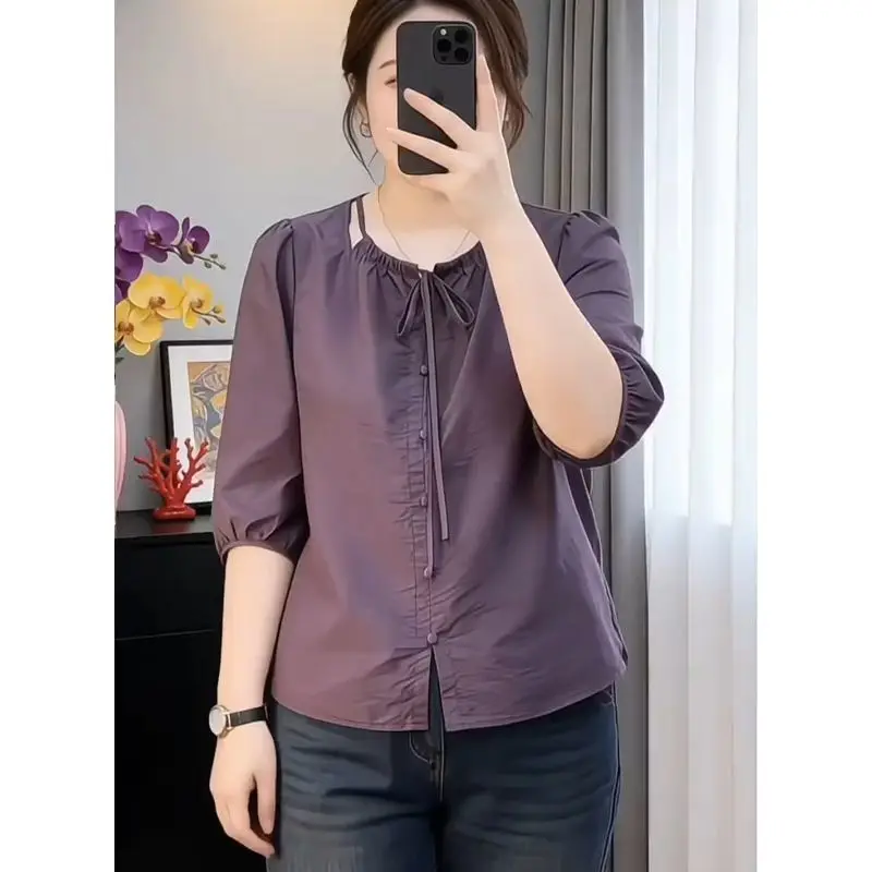 Casual Style Women's Shirt round Neck Tie Waist Seven Quarter Sleeve Loose Fit Summer Top plus Size Hide Belly Slimming 4