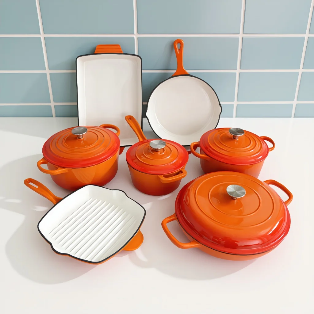 Custom 11pcs Hot Selling Cookware Set Kitchen Cast Iron Cooking Pots And Pans Dutch Oven Skillet Non-stick Frying Pan Stew Pot H