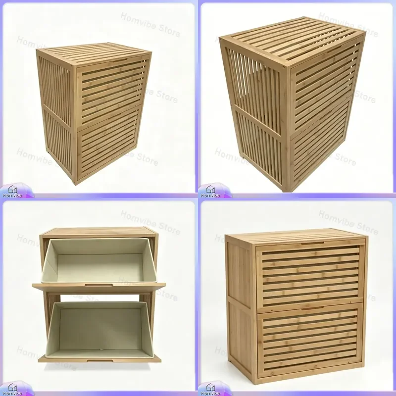 Japanese Bamboo Laundry Basket for Bedroom Dirty Clothes Classification Rack Storage Bin with Second Floor Shelf Household