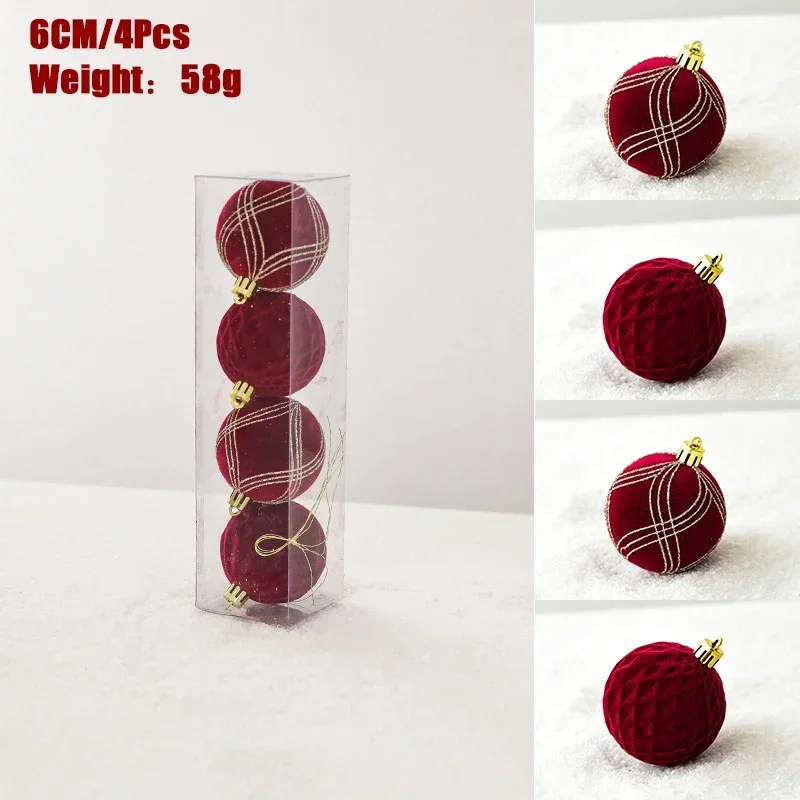 6/8cm 4pcs Christmas Balls Ornaments Wine Red Flocking Christmas Tree Party Decoration New Year Christmas Spheres 2023