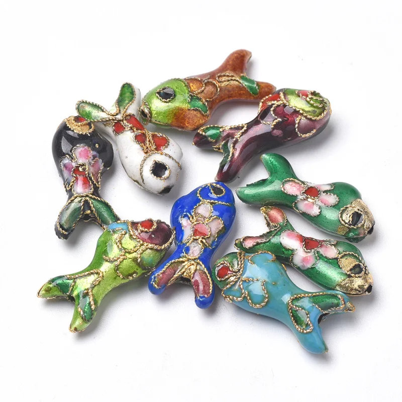 5pcs Handmade Cloisonne Beads Fish Mixed Color 19.5x9x5~6mm Hole: 1mm