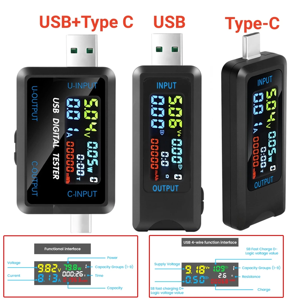 Tester USB 10 in 1 Voltmetro digitale CC Amperimetro Misuratore di tensione di corrente Volt Amperometro Rilevatore Indicatore di carica della banca