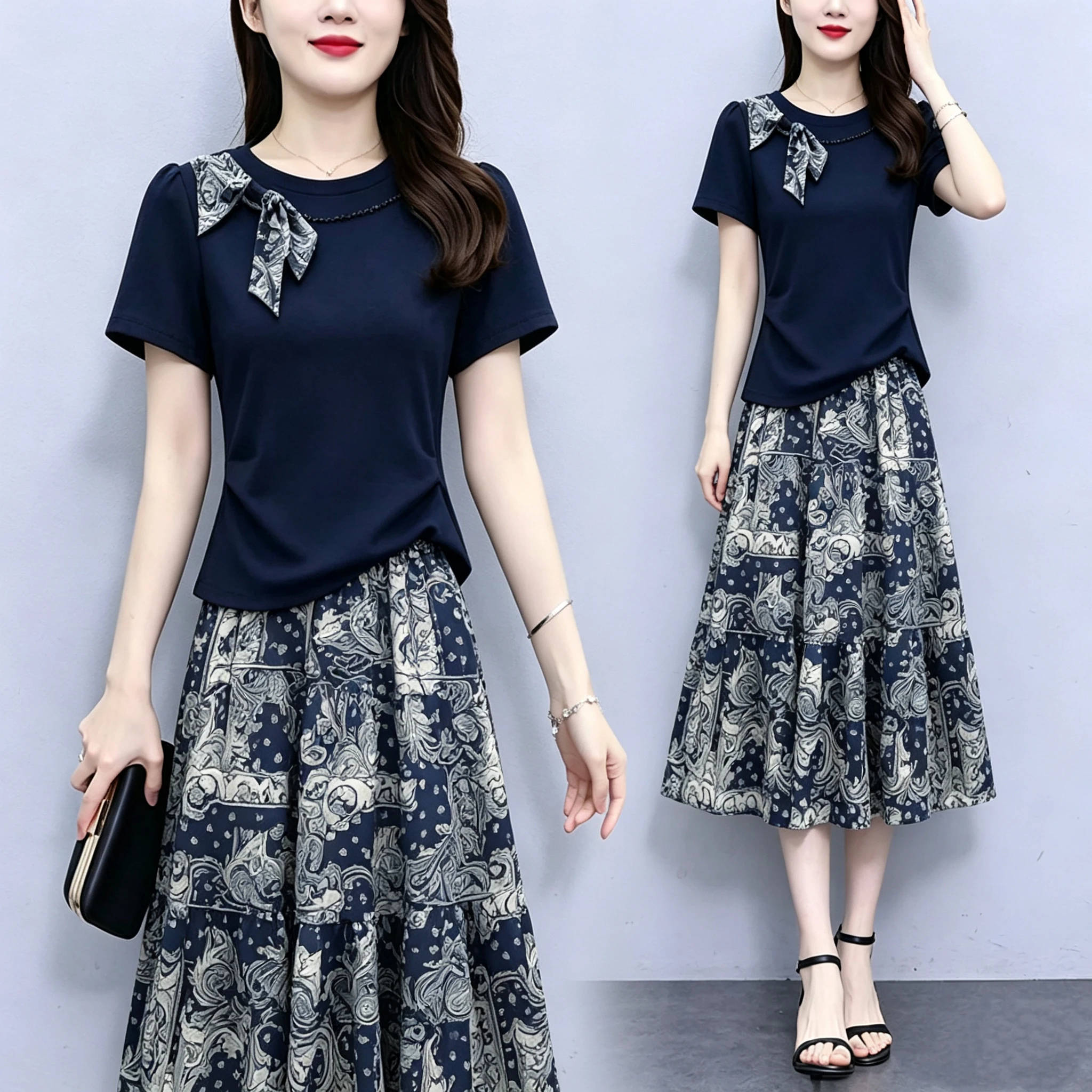 

plus Size Summer Fashion Casual Half Skirt Set Women's Design Slimming Top And Skirt Two Piece Ensemble Korean Style Polyeste...