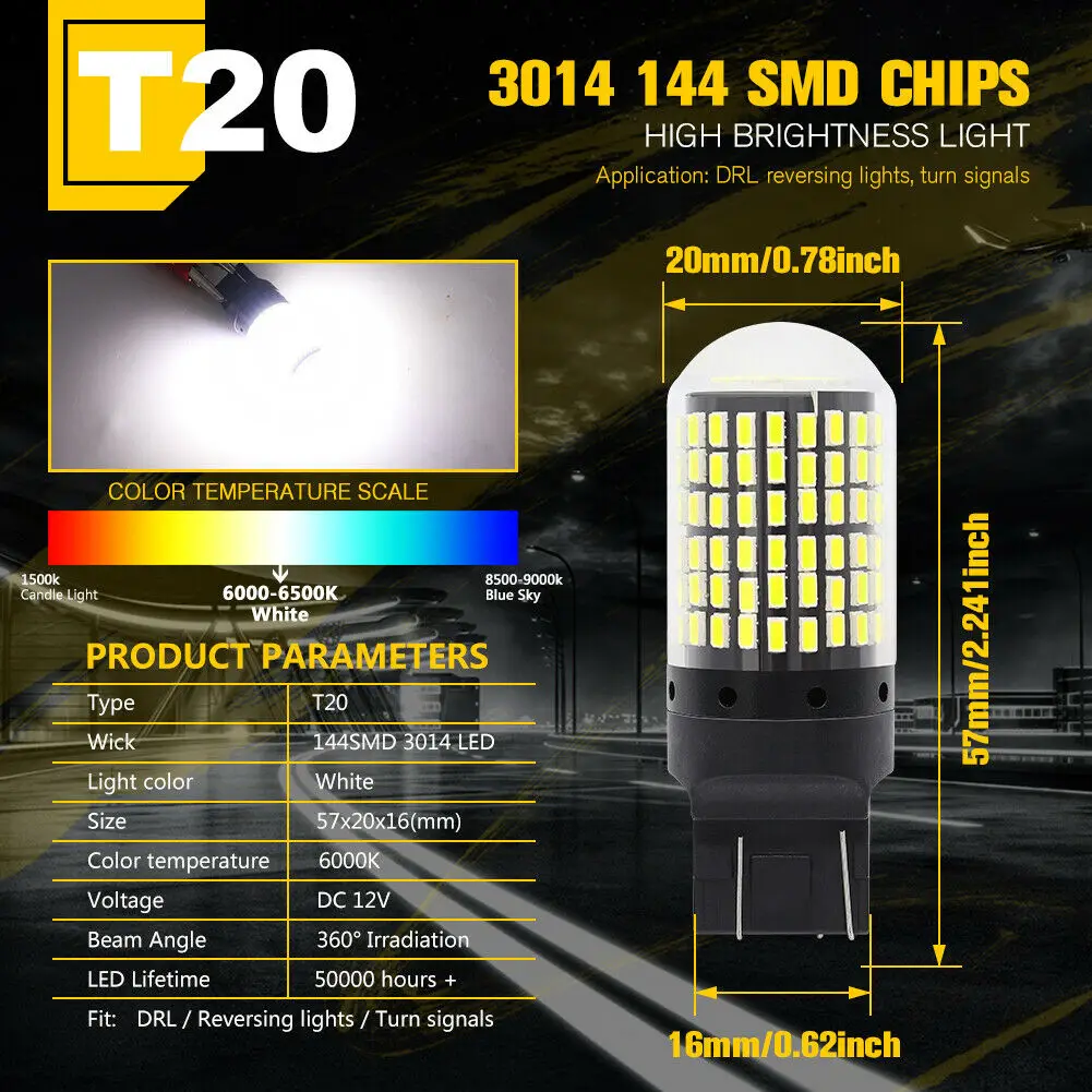 2X 7440 Canbus Super Bright Error Free LED Bulb T20 W21W 144 SMD White for Reverse Tail Turn Signal