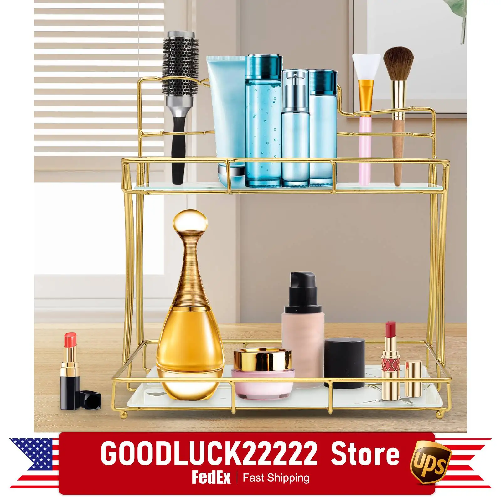 

Makeup Organizer, 2-Tier Bathroom Organizer Countertop with Gold Frame and Glass Shelves, White Skincare Storage Tray Iron