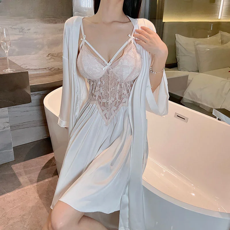 2PCS Bathrobe Dressing Gown Sleep Suit Women Rayon Kimono Nighty&Robe Set Lace Nightgown Sleepwear Loungewear Sleepdress