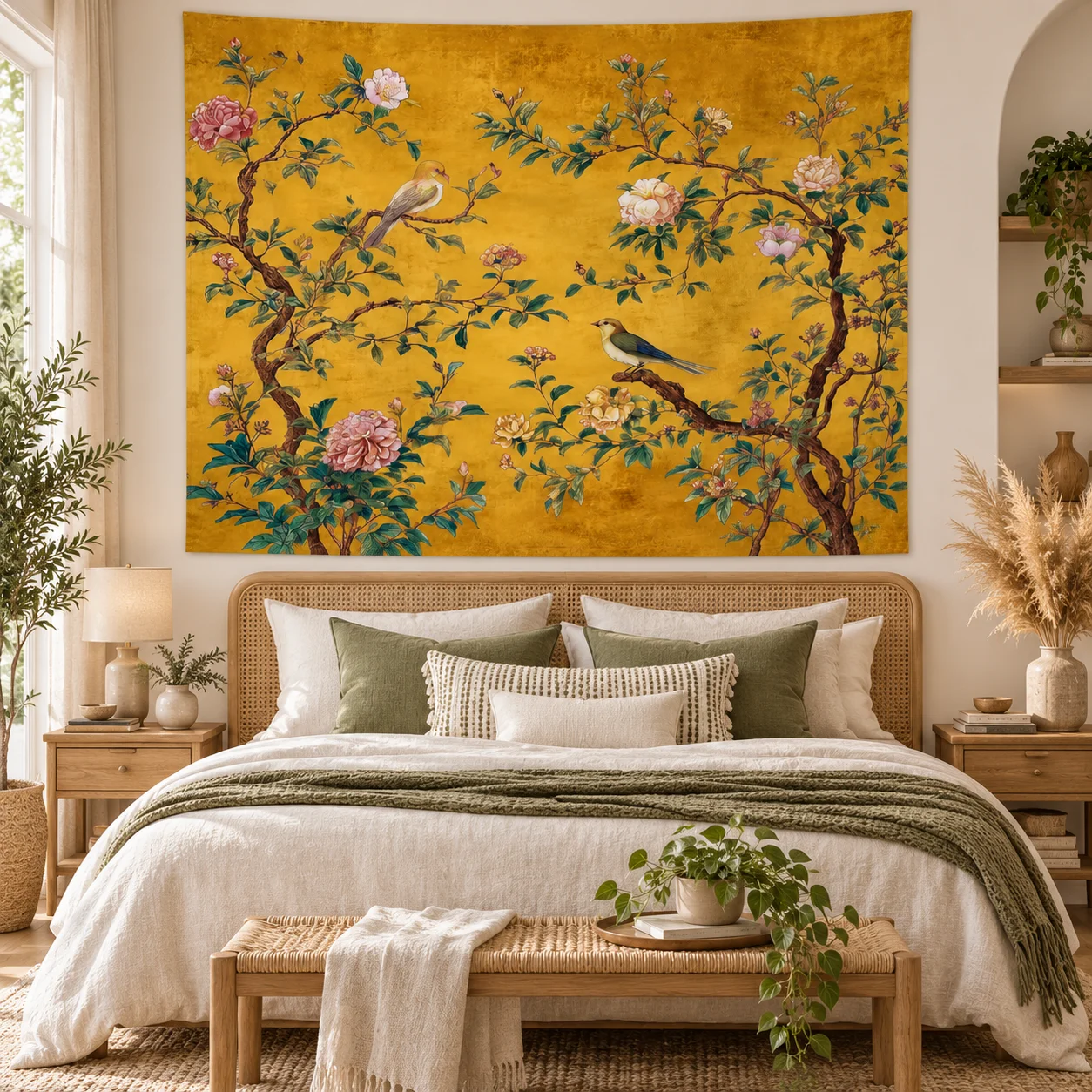 1pc Vintage Gold Chinoiserie Floral & Bird Wall Tapestry, 2D Flat Oriental Style Wall Hanging for Living Room Bedroom Home Decor