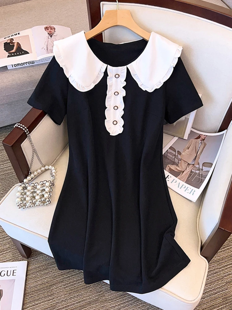 2024 Summer New Patchwork Doll Collar Chic Casual Dress Women Holiday Loose Pretty Midi Dress Korean Elegant Retro Hepburm Dress