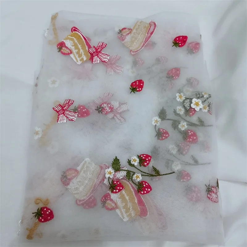 Delicate Embroidery Straberry And Cake Net Fabric Mesh Lace DIY Child Lolita Dress Sewing Cloth