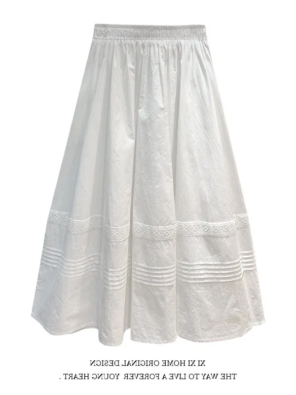 

White Lace Trim f Skirt Mid-Length A-Line Hong Kong Sle Spring New Arrival Women's Faion Polyester Fiber High Waist Skirt