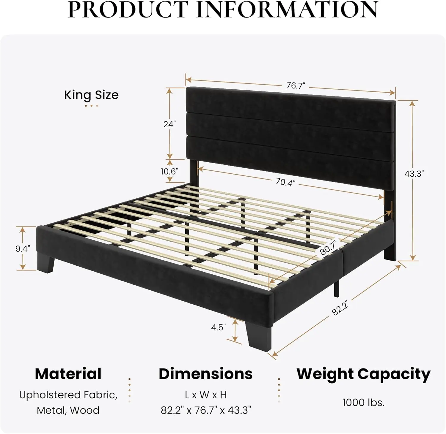 King Platform Bed Frame with Velvet Headboard, Strong Wooden Slats Support, No Box Spring Needed, Black
