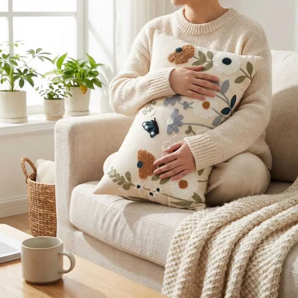 Pastoral Floral Embroidered Cushion Cover Square Soft Texture Decorative Pillow Case Canvas Wear Resistant Throw Pillowcase