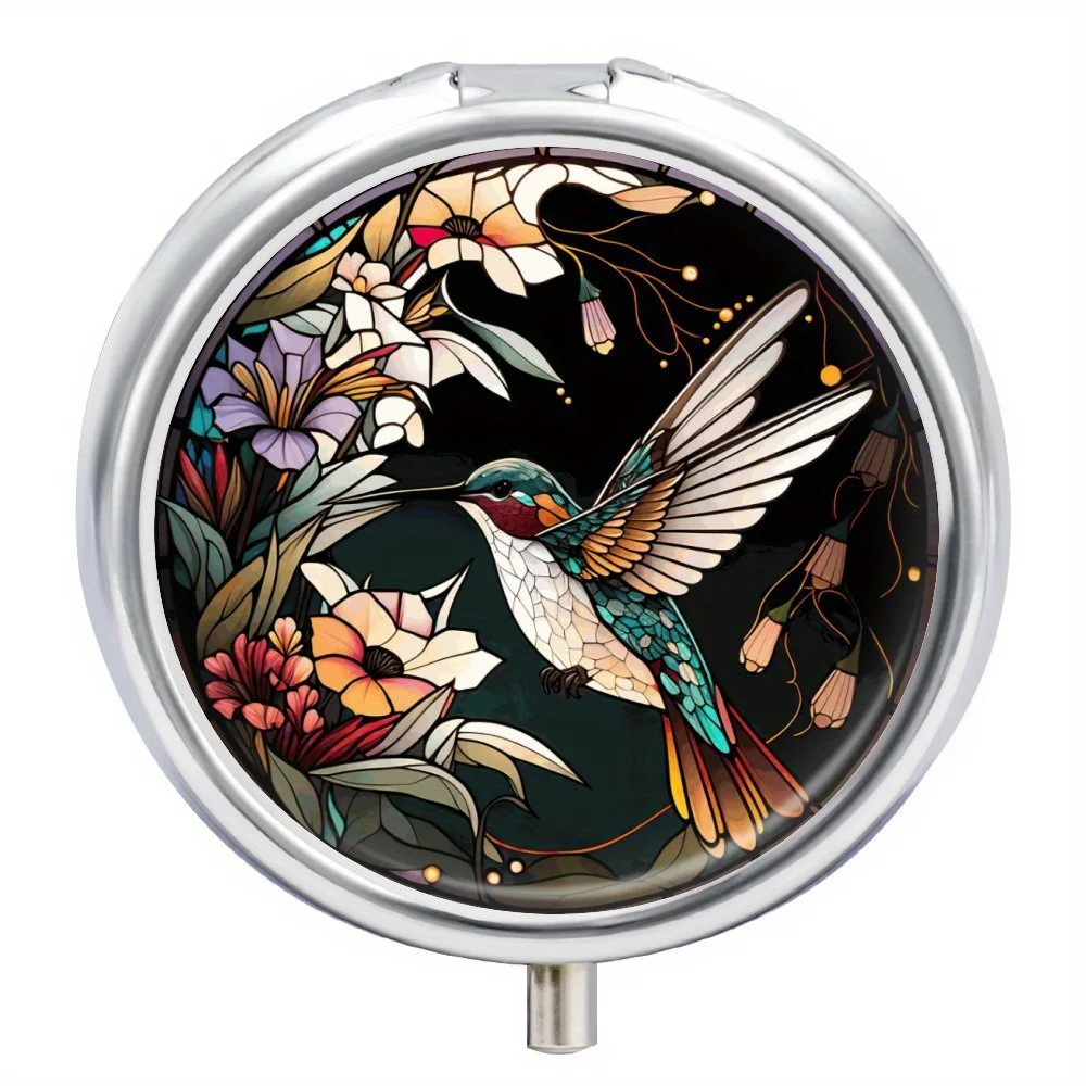 Hummingbird Pill Organizer-Decorative Metal 3-Compartment Mini Medicine Case,Portable Travel Box for Pocket or Purse