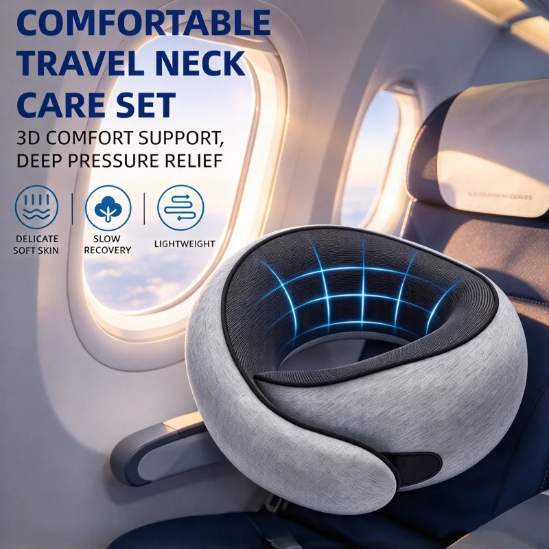Portable Travel Neck Pillow Memory Foam U-shaped Pillow Snail-Shaped Travel Neck Support Nap Pillow Adjustable Airplane Pillow
