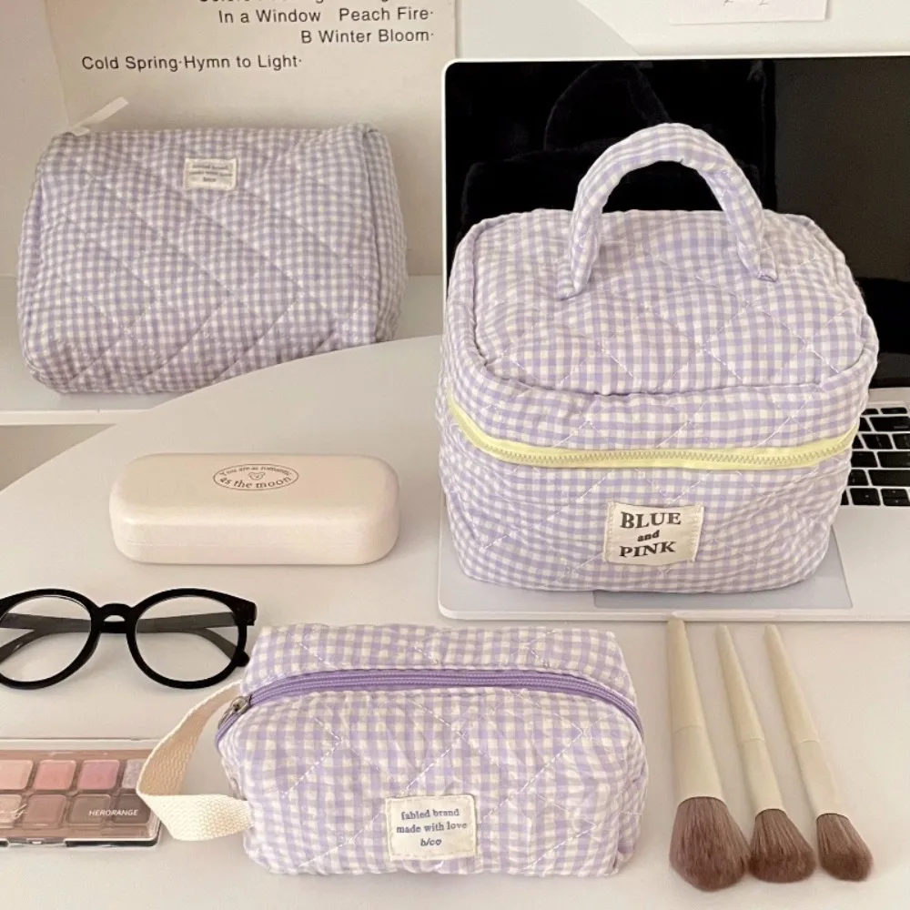 Simple Solid Color Plaid Women\'s Cosmetic Bag Fashion Sweet Soft Fabric Ladies Storage Bags Large Capacity Female Clutch Handbag