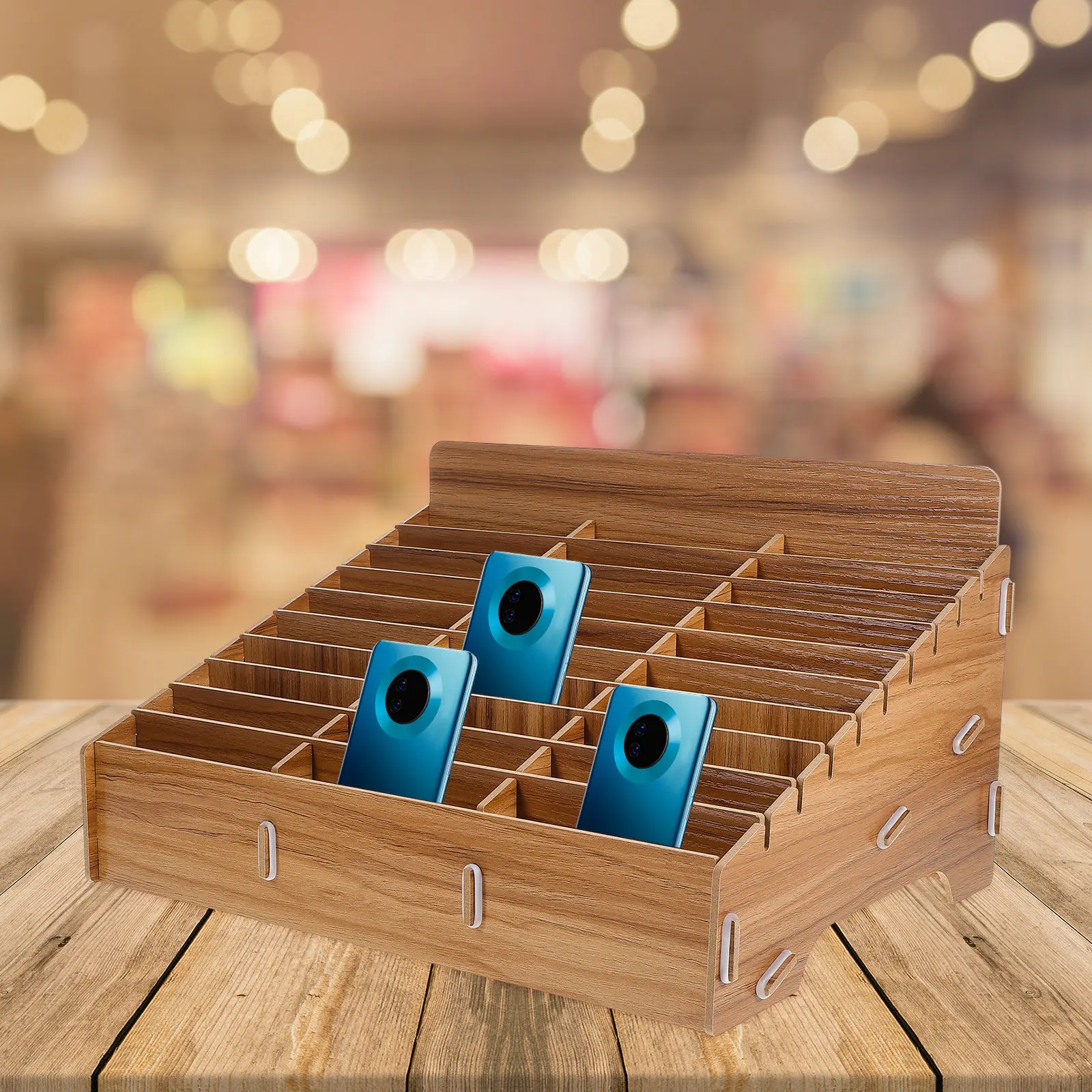 Wooden 30-Grid Phone Organizing Box Desktop Cell Phone Storage Holder for Classrooms Laboratories Conference Rooms Dorms Home