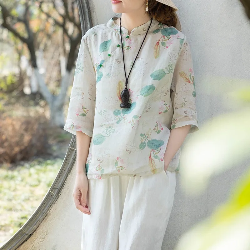 Original Chinese Style Ramie Top Women Short Loose Printed Cotton Linen Shirt Female Beaded Button Blouse National Clothing