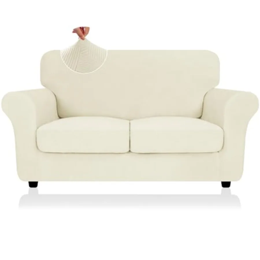 

3 Pcs Stretch Loveseat Covers 55"-69",Thick Striped Sofa Covers for 2 Cushion Couch with Elastic Band Bottom Ties Non-Slip Stay