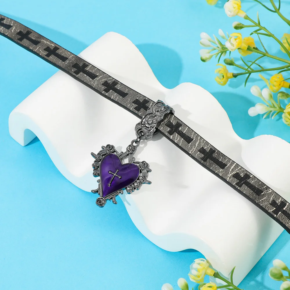 Punk Gothic Faux Leather Choker Embossed Cross Pattern Strap Ornate Purple Heart Cross Pendant Dark Grunge Jewelry