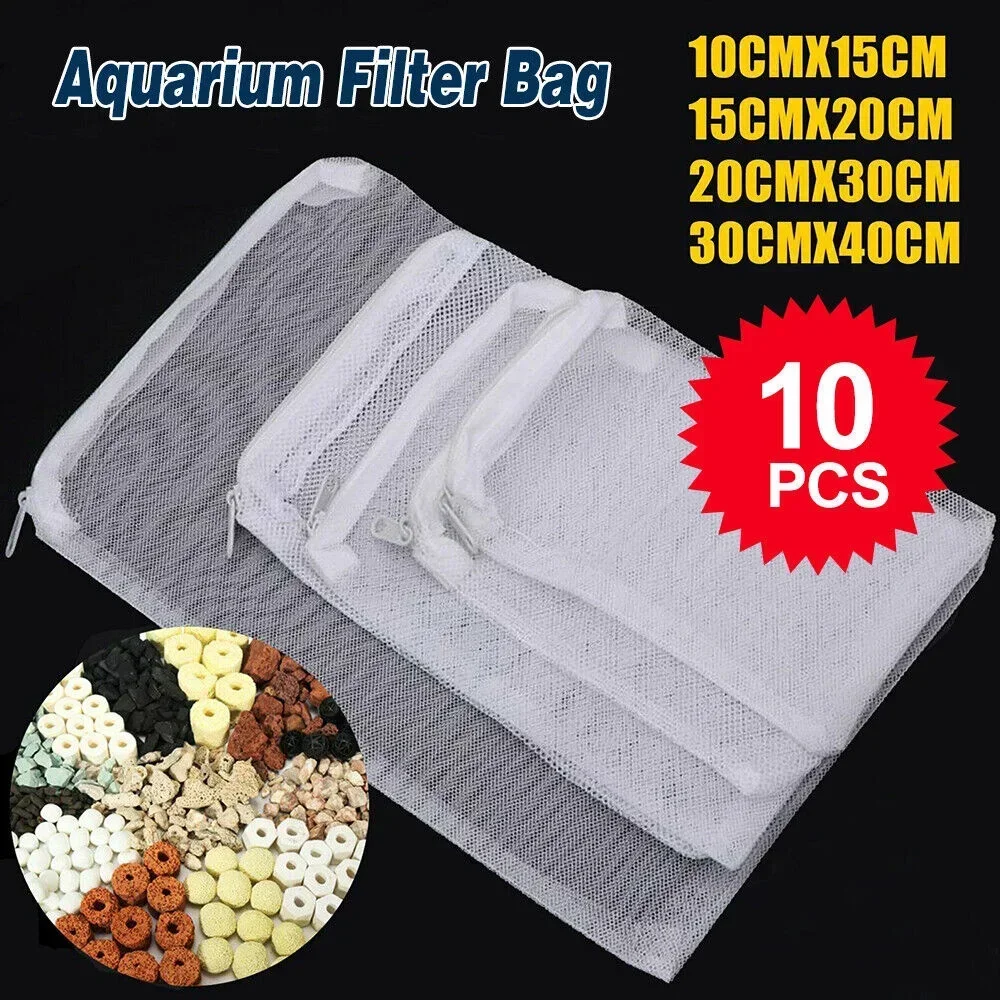 10Pcs Aquarium Filter Net Bags Reusable Fine Filter Media Bags With Zipper For Fresh Saltwater Tanks Aquarium Fish Tank Filter