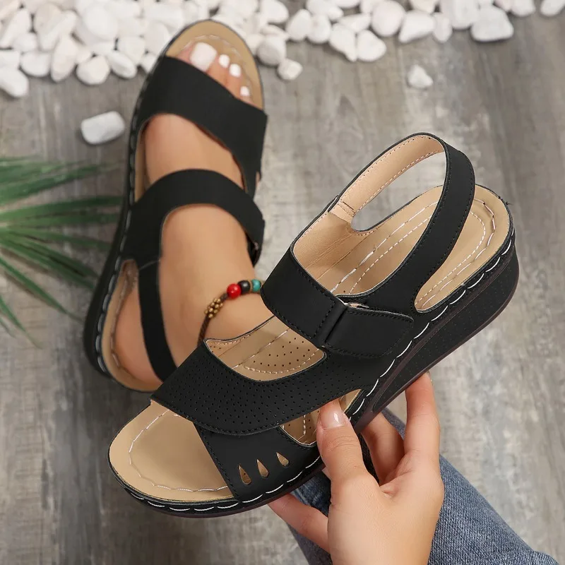 Women's Large Wedge Sandals Summer New Round Head Hollow Breathable Car Sewn Soft Soled Roman Shoes