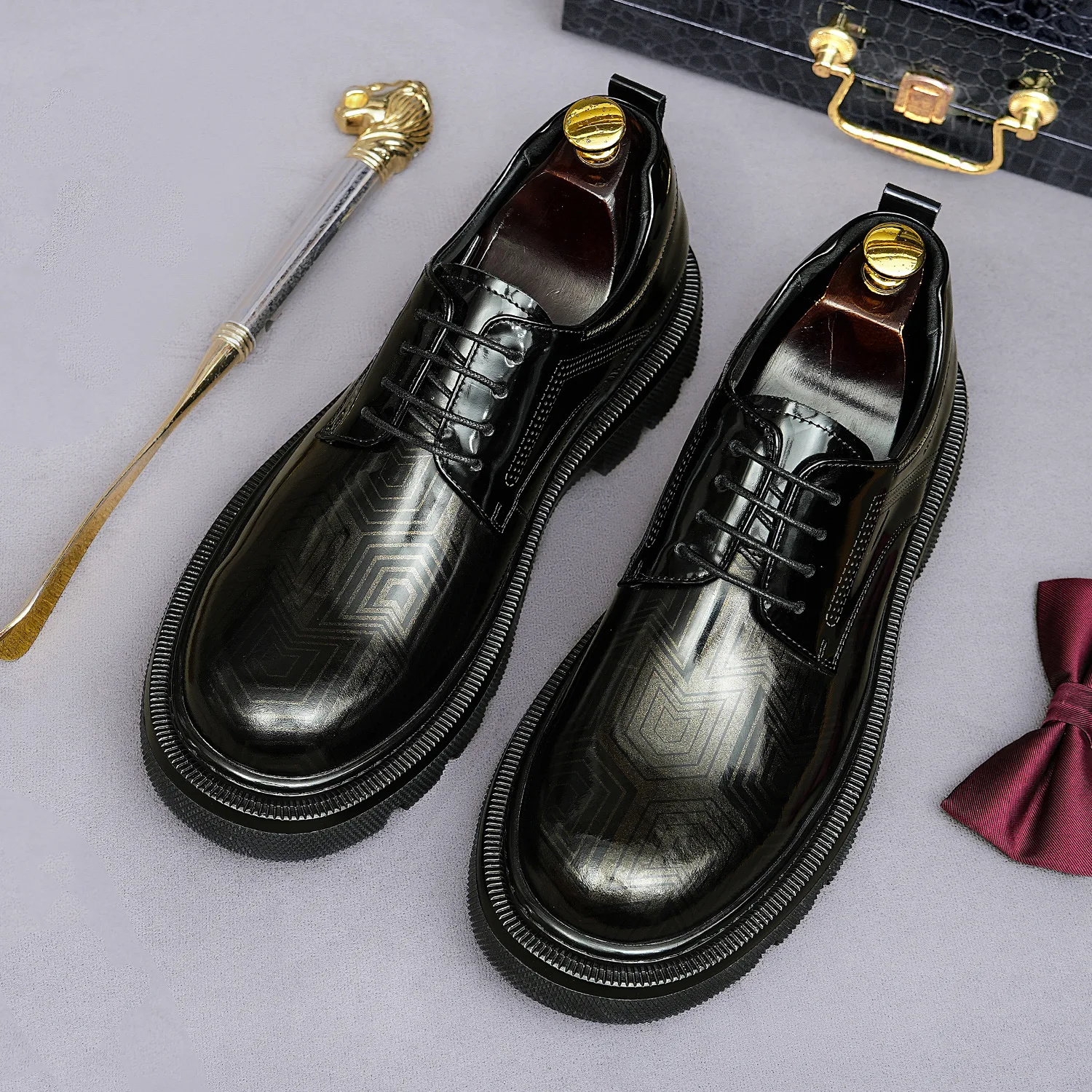 Shiny Genuine Leather Lace Up Derby Shoes Unique Geometric Printed Upper Rugged Thick Lug Sole Platform Footwear Formal Shoes