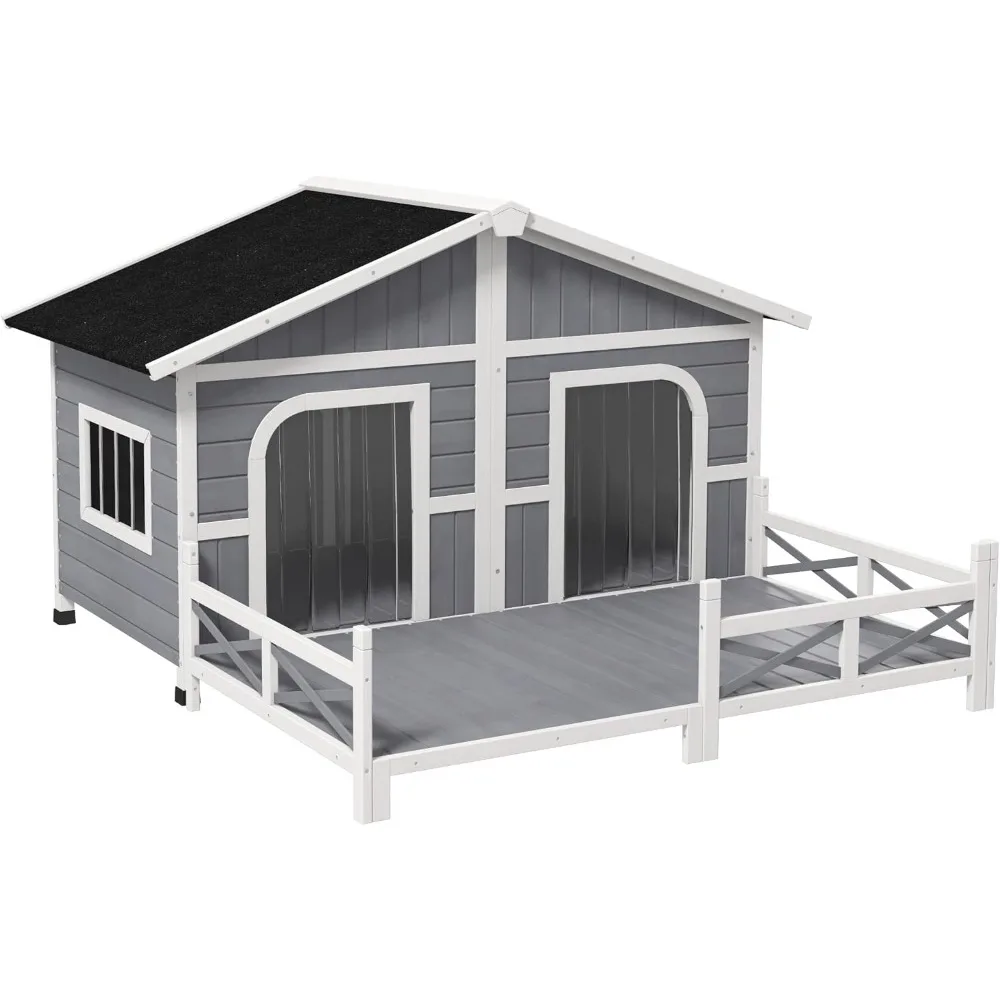 Outdoor Double Large Wooden Dog Kennel Weatherproof with Porch, Openable Roof, Removable Bottom, for Small to Medium Dogs, Gray