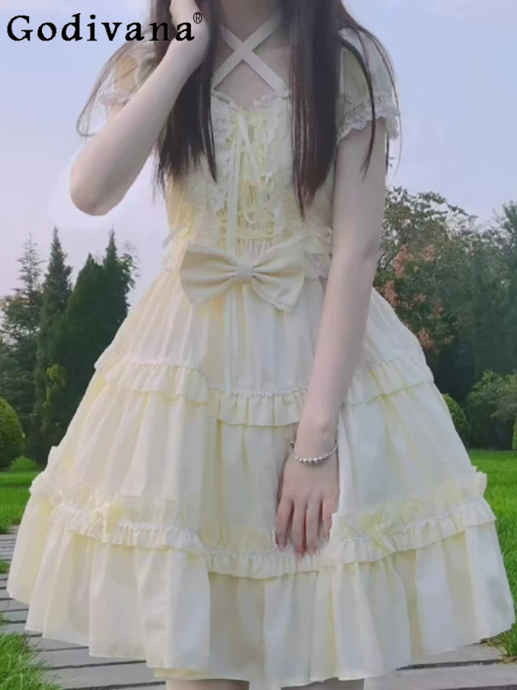 

Summer Sweet Black White Yellow Puff Sleeve Lolita Dresses Fashion High Waist A-line Versatile Age Reduction Cake Princess Dress