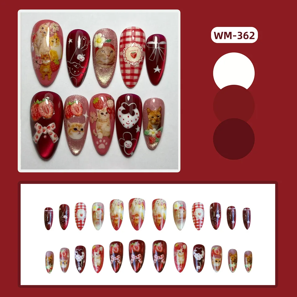 24 piezas de uñas de presión con ojo de gato y fresa, estilo vintage japonés, uñas postizas de almendra lindas con moños de gato y estampado de cuadros 2