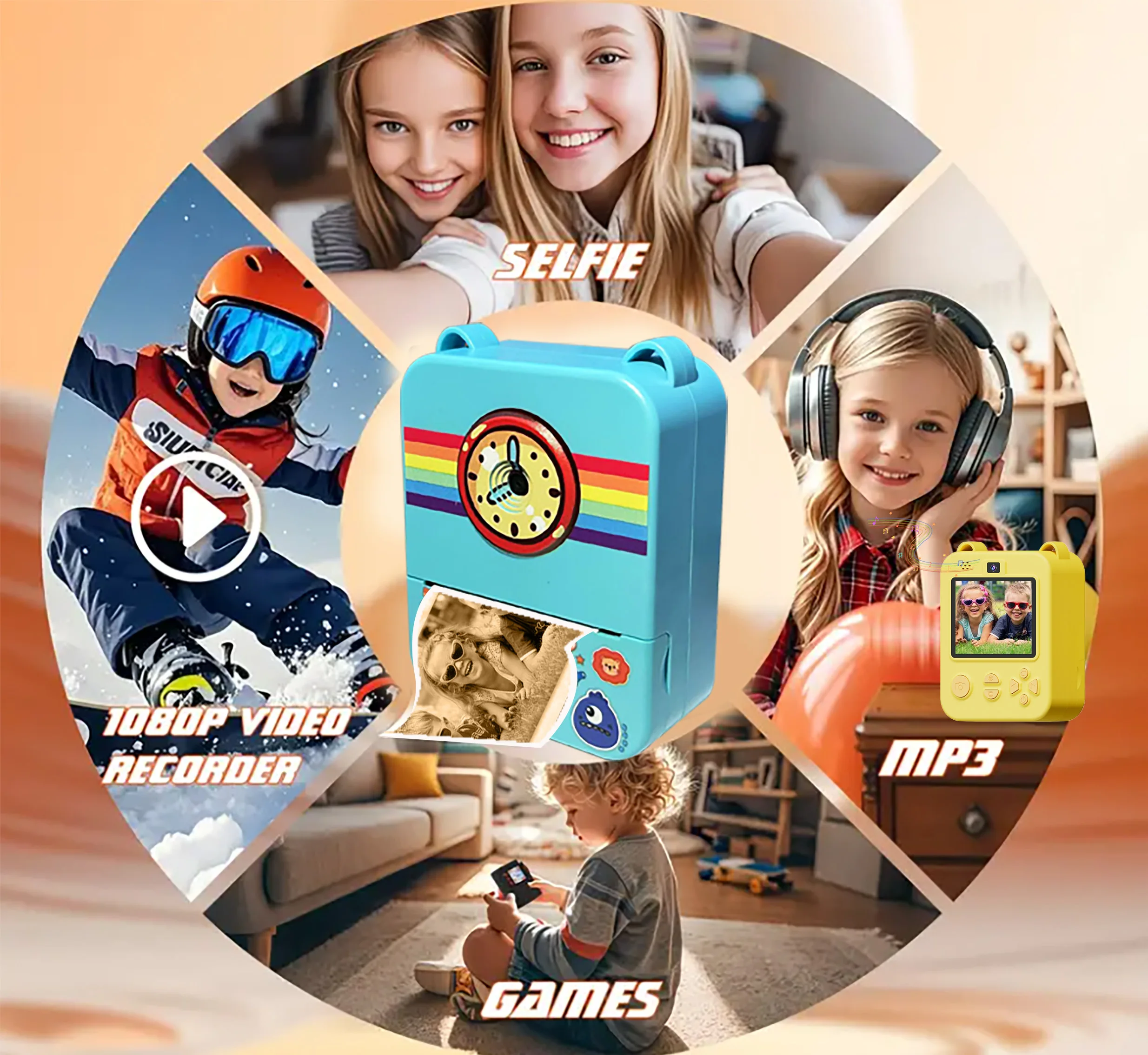 子供向け印刷可能カメラ、カラーとモノクロの紙、写真とビデオとゲーム、デュアルカメラ、フラッシュ、男の子と女の子への完璧な贈り物