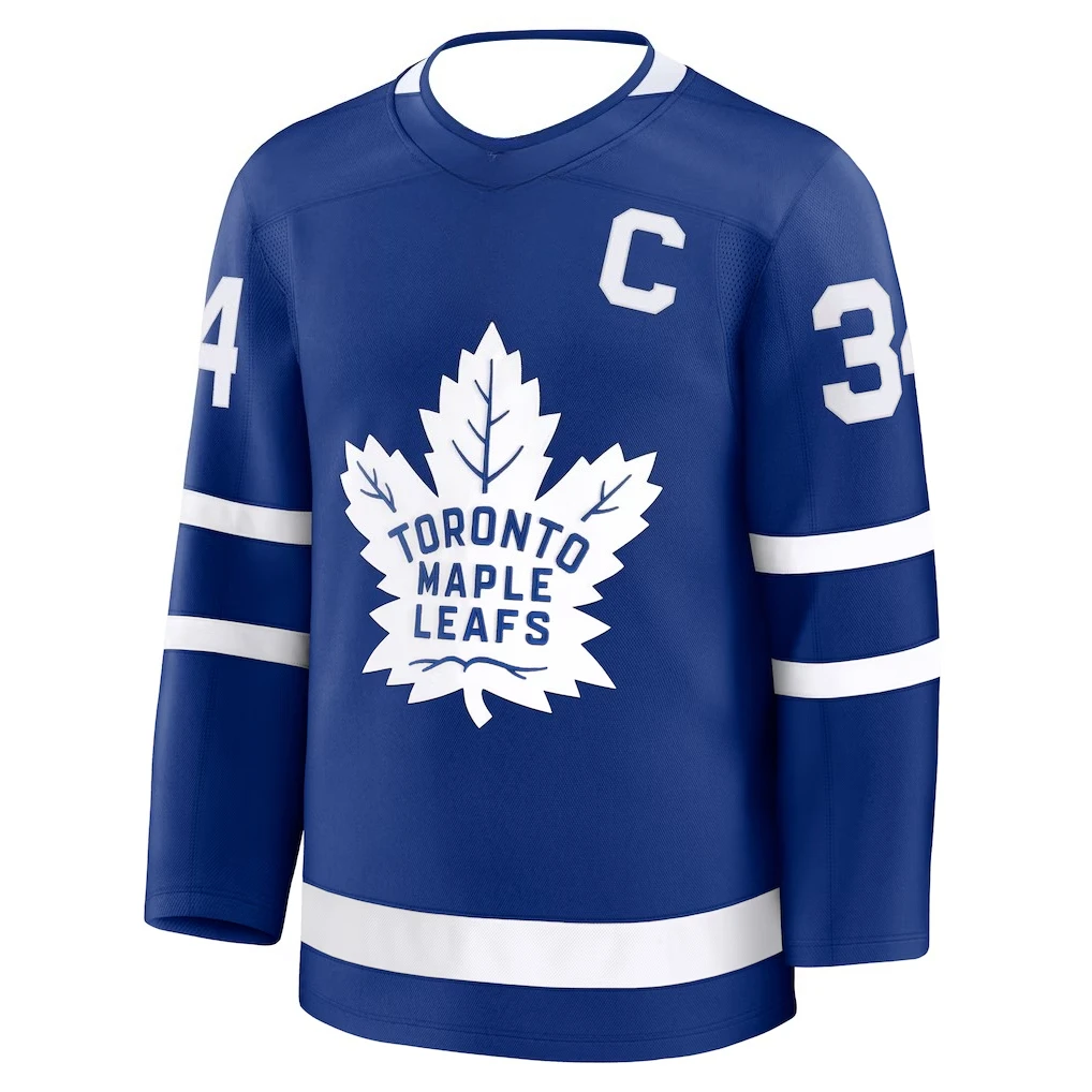 قميص الهوكي - أزرق مع لمسات بيضاء "ماثيوز 34" كابتن "C" كلاسيك مابل ليف شعار رياضي جيرسي مطبوعات ثلاثية الأبعاد عالية الدقة