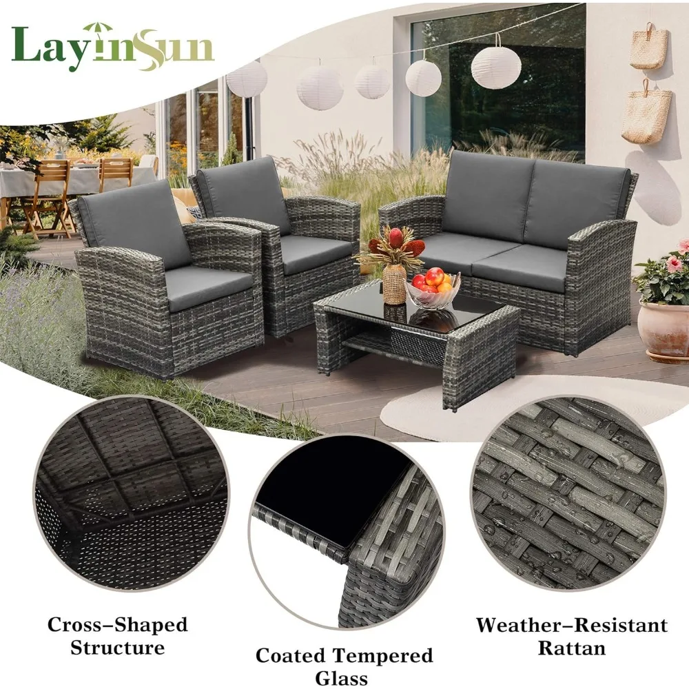 4 Piece Outdoor Patio Furniture Sets, Wicker Conversation Sets, Rattan Sofa Chair with Cushion for Backyard Lawn Garden (Grey)