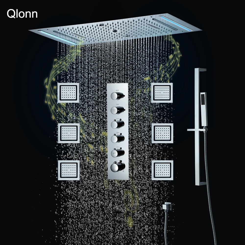 Qlonn Rain Shower System  Embedded Ceiling 638 ×338mm Music LED Shower Head Bathroom Faucets Thermostatic Switch Concealed Mixer