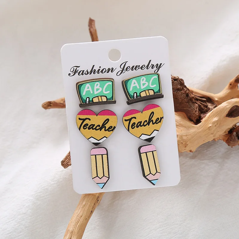 1 Set Pencil Love ABC Blackboard Wooden Drop Earrings For Women Girls School Opening Season Gift