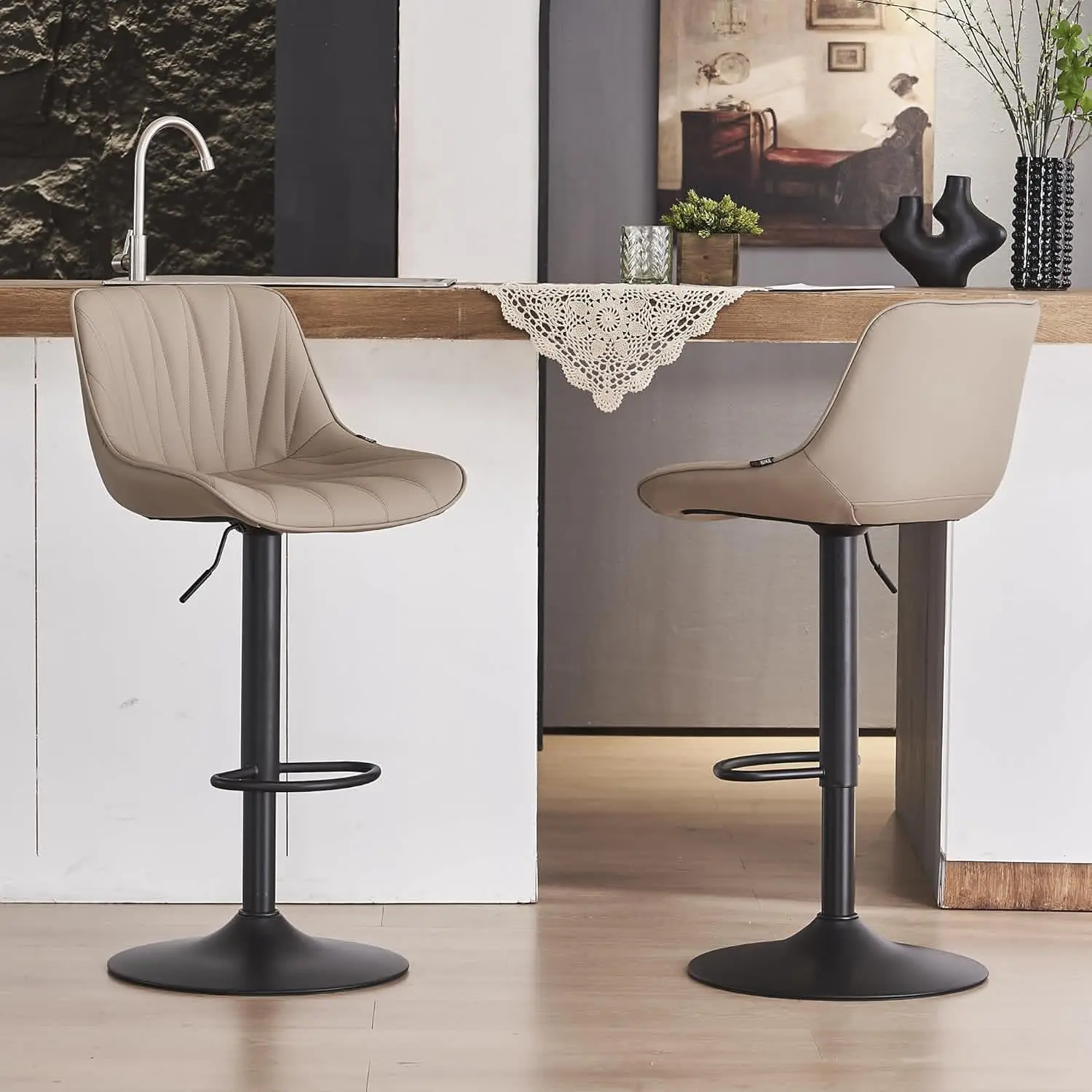 Bar Stools Set of 2 for Kitchen Island, Khaki Swivel Tall Barstools, Adjustable Bar Stool with Back, Faux Leather Padded Bar