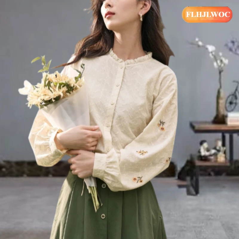 

Cotton Tops Blouses Cute Sweet Mori Girls 2026 Women Spring Blouses Japan Style Embroidery Retro Vintage Button Cotton Shirts