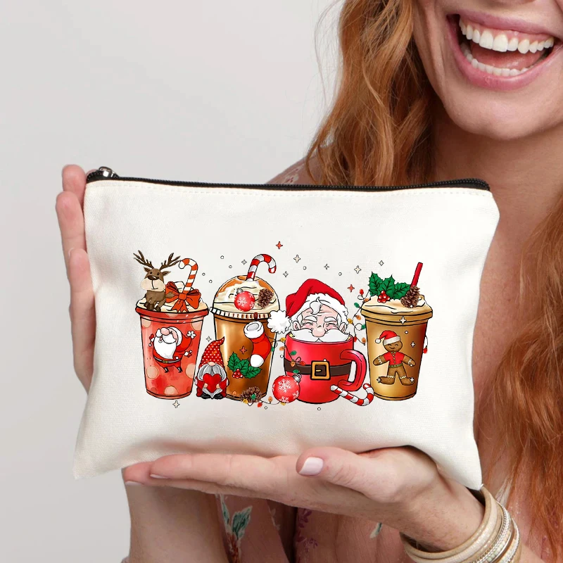 Santa Claus Deer Wine Glass Printed Canvas Cosmetic Bag Perfume Lipstick Storage Pouch Zipper Pencil Case Christmas Party Gifts