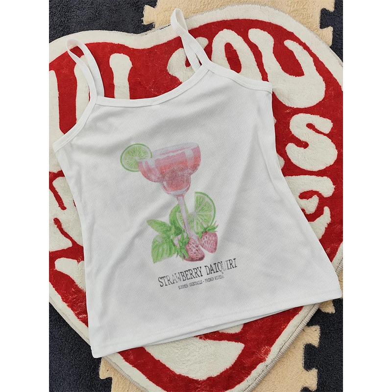 Women's Casual Streetwear Y2k Slim Clothing Tees Summer Short Sleeved T-Shirt Round Neck Cute Fruit Wine Cup Print Pattern Top